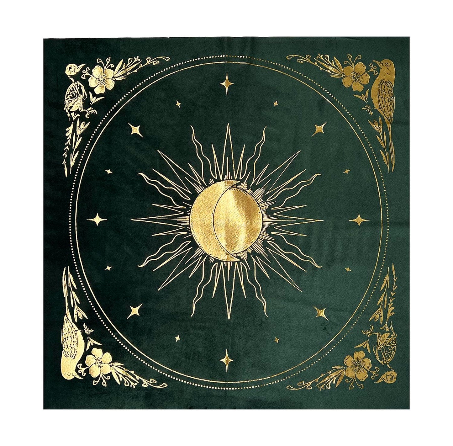 green velvet altar cloth with gold foil printed design of sun moon and stars