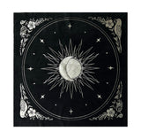 black velvet altar cloth with silver foil printed design of sun moon and stars