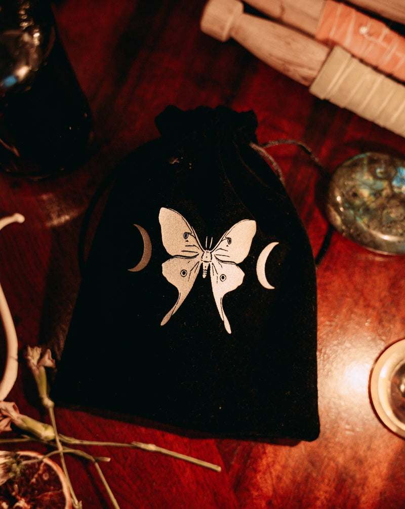 Velvet black tarot pouch with silver luna moth design