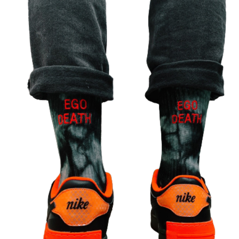 embroidered socks with ego death text and tie dye