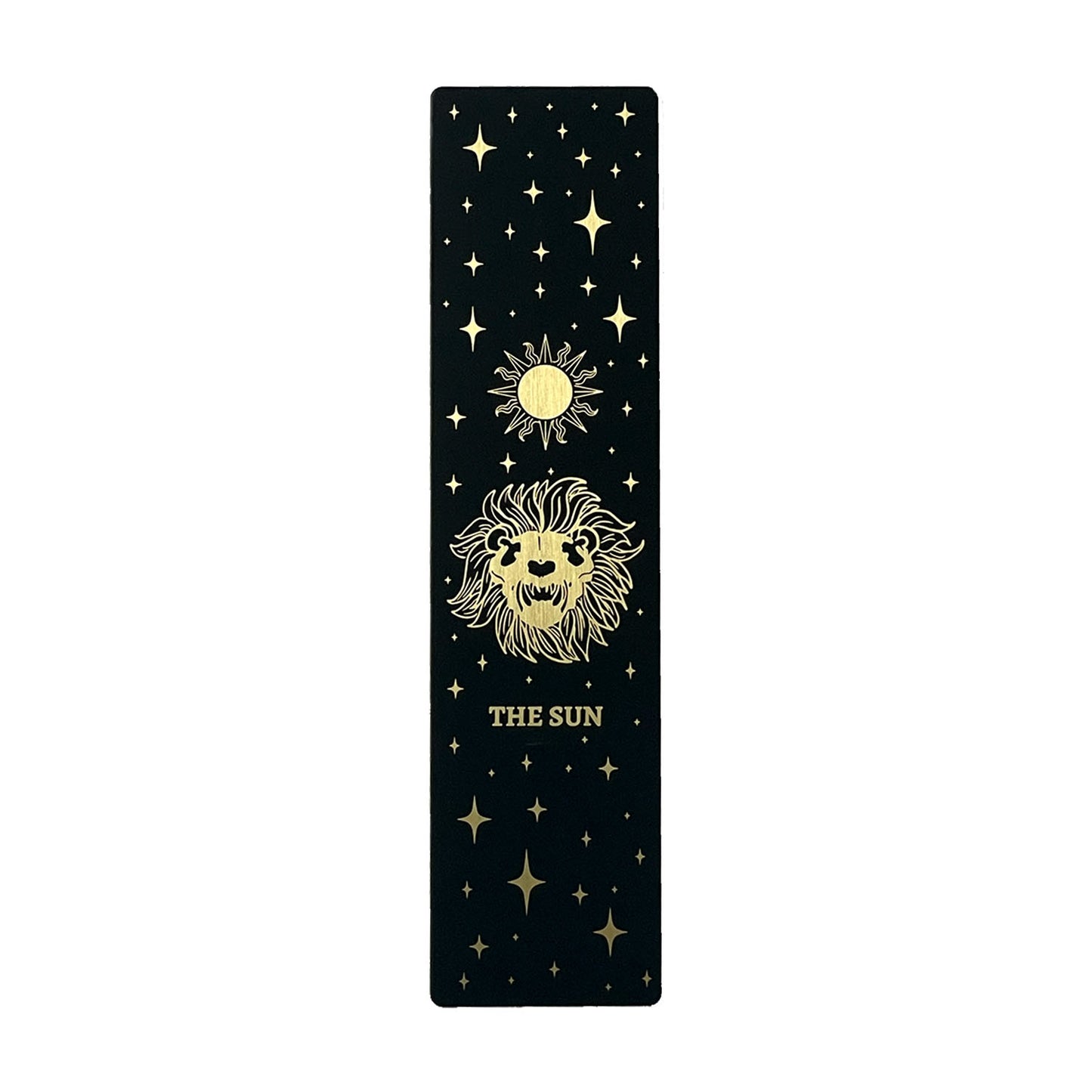 Bookmark bundle with the Star, Sun, Moon, Marigold Night designs from Marigold Tarot deck by Amrit Brar and 13th Press. Black, gold, and silver metal.