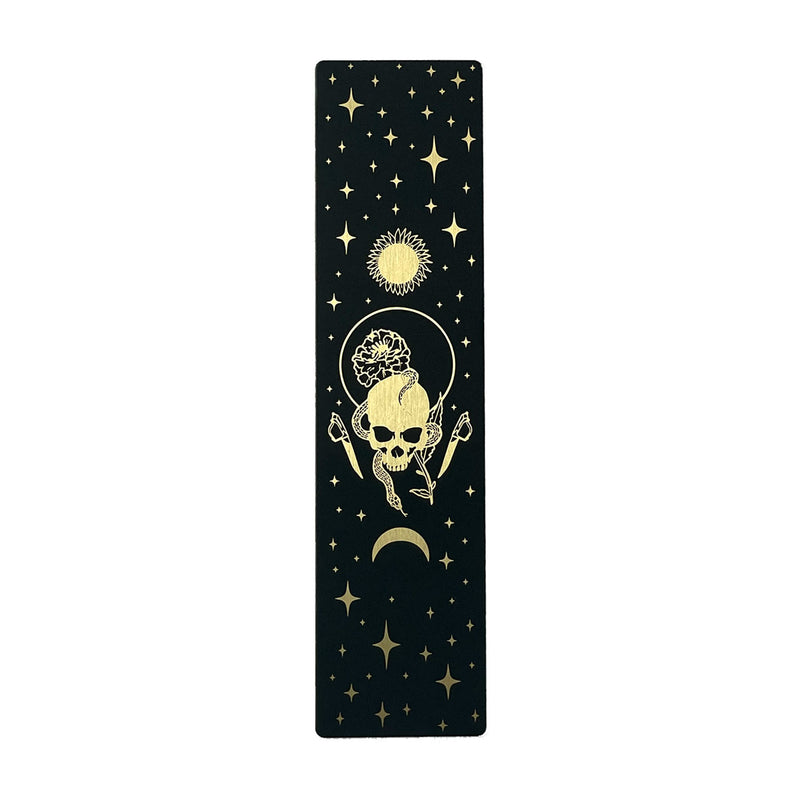 bookmark with Marigold Night tarot card design. Art from the Marigold tarot deck by Amrit Brar and 13th Press. Black and gold metal bookmark.