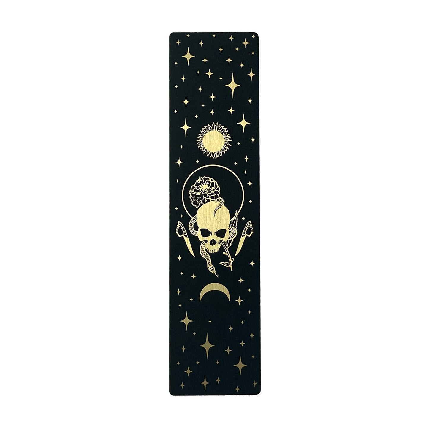 Bookmark bundle with the Star, Sun, Moon, Marigold Night designs from Marigold Tarot deck by Amrit Brar and 13th Press. Black, gold, and silver metal.
