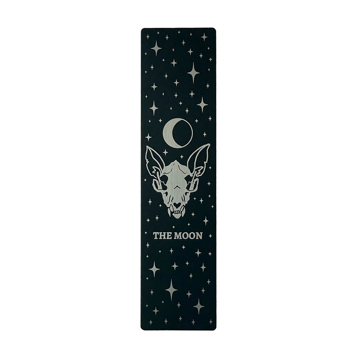 Bookmark bundle with the Star, Sun, Moon, Marigold Night designs from Marigold Tarot deck by Amrit Brar and 13th Press. Black, gold, and silver metal.