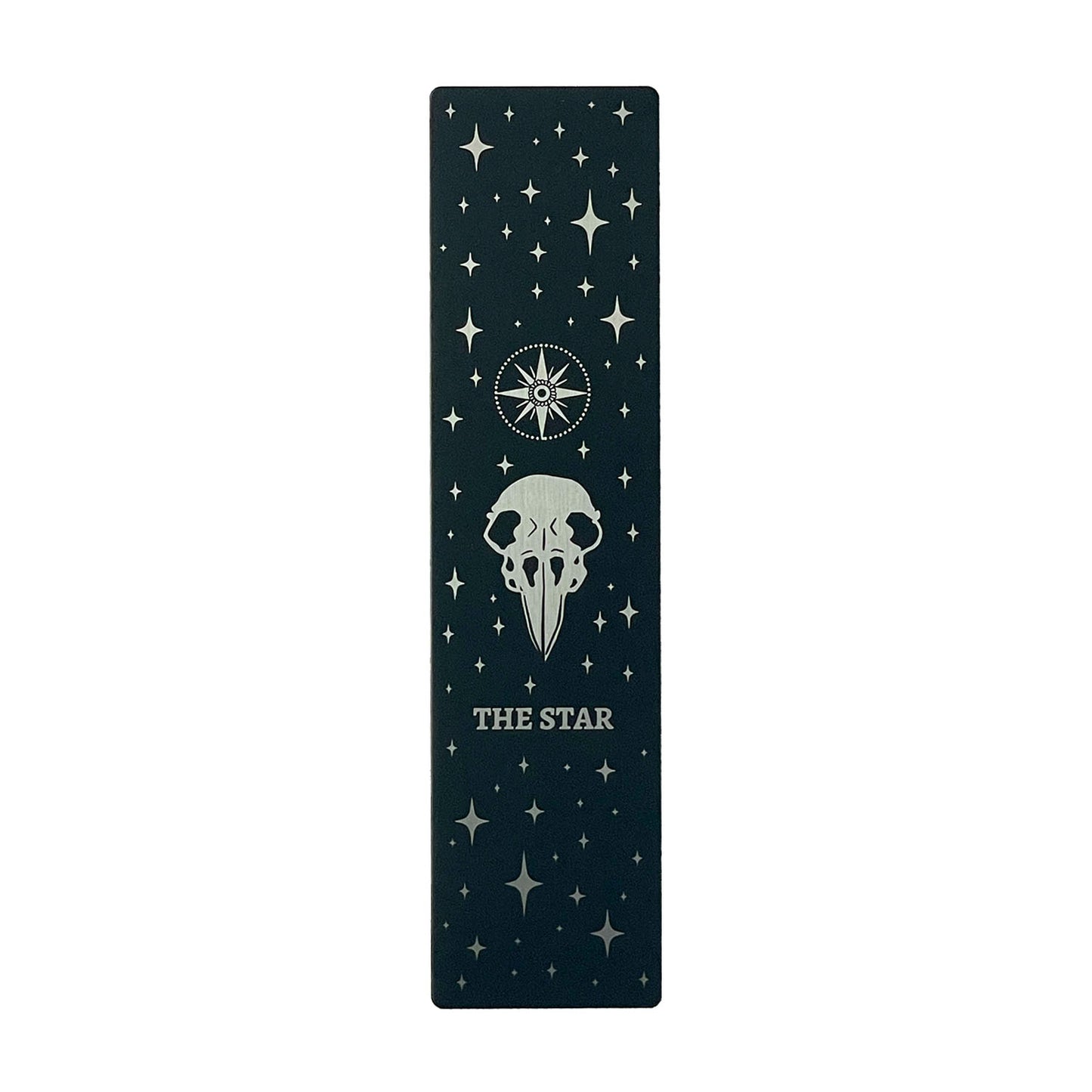 Bookmark bundle with the Star, Sun, Moon, Marigold Night designs from Marigold Tarot deck by Amrit Brar and 13th Press. Black, gold, and silver metal.