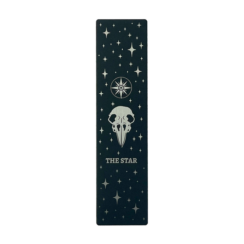 Bookmark bundle with the Star, Sun, Moon, Marigold Night designs from Marigold Tarot deck by Amrit Brar and 13th Press. Black, gold, and silver metal.