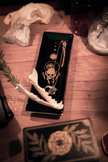 ceramic trinket tray with gold design of skull and serpant for small trinkets, tarot inspired black tray. 