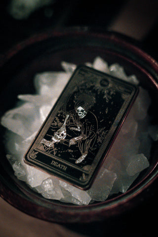 hard enamel pin of Death tarot card from Marigold Tarot deck by amrit brar and 13th Press. Gold and black pinhard enamel pin of Death tarot card from Marigold Tarot deck by amrit brar and 13th Press. Gold and black pin
