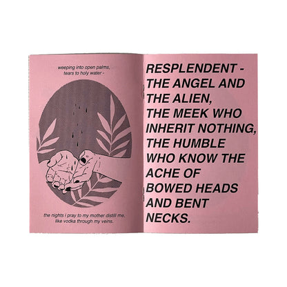 Zine titled "for sister" with green cover and pink pages. Written and illustrated by Amrit Brar and published by 13th Press. Reads "resplendent- the angel and the alien, the meek who inherit nothing, the humble who know the ache of bowed heads and bent necks.