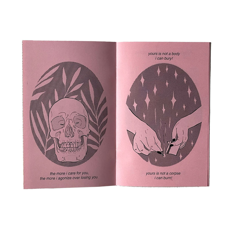 Zine titled "for sister" with green cover and pink pages. Written and illustrated by Amrit Brar and published by 13th Press. Reads "resplendent- the angel and the alien, the meek who inherit nothing, the humble who know the ache of bowed heads and bent necks.