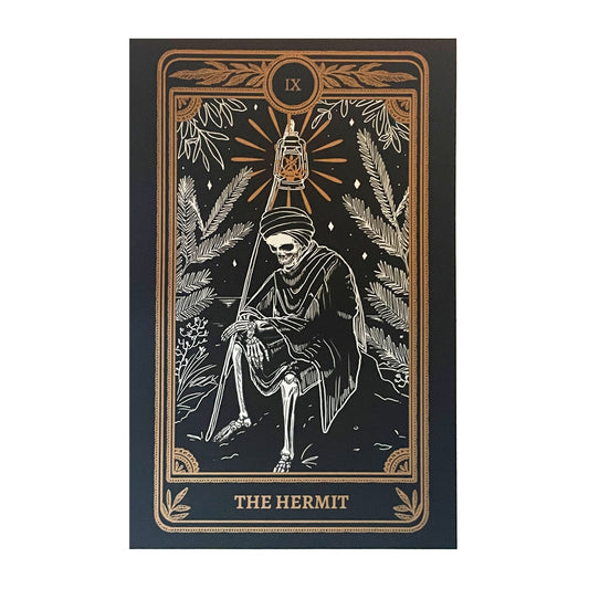art print of the Hermit tarot card from the Marigold Tarot deck by Amrit Brar and 13th Press with jaw bone and candle light. Wall art, framed art, home decor