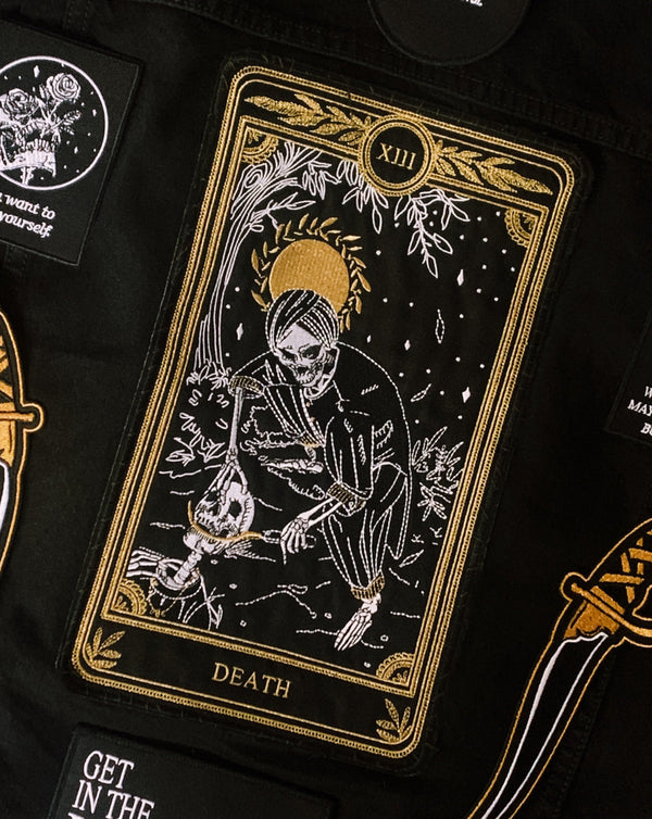 large embroidered back patch of death tarot card from the Marigold Tarot deck by Amrit Brar and 13th Press. 
