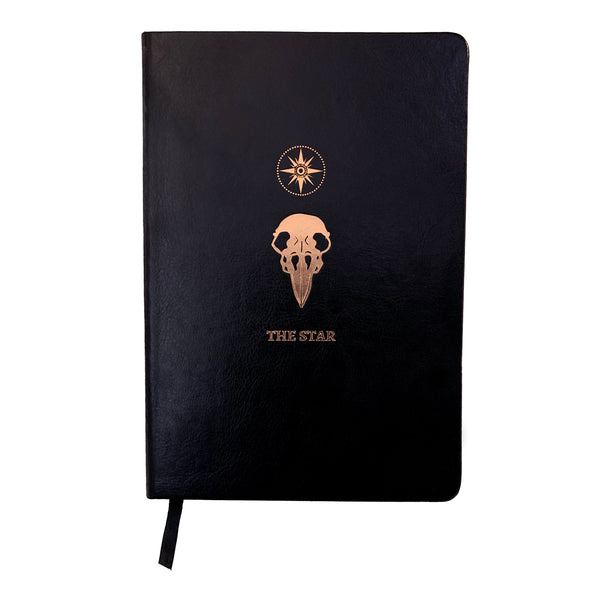 black leather journal with The Star rose gold foil designed from the Marigold Tarot deck. Bullet journal