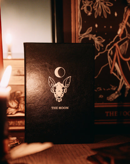 faux leather journal with The Moon silver foil designed from the Marigold Tarot deck. Lined journal on altar with lit candle and The Fool print from the Marigold Tarot deck