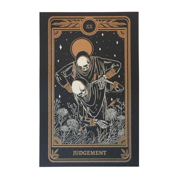tarot art print of judgement card from Marigold Tarot deck by Amrit Brar and 13th Press. Black paper with gold and white ink.