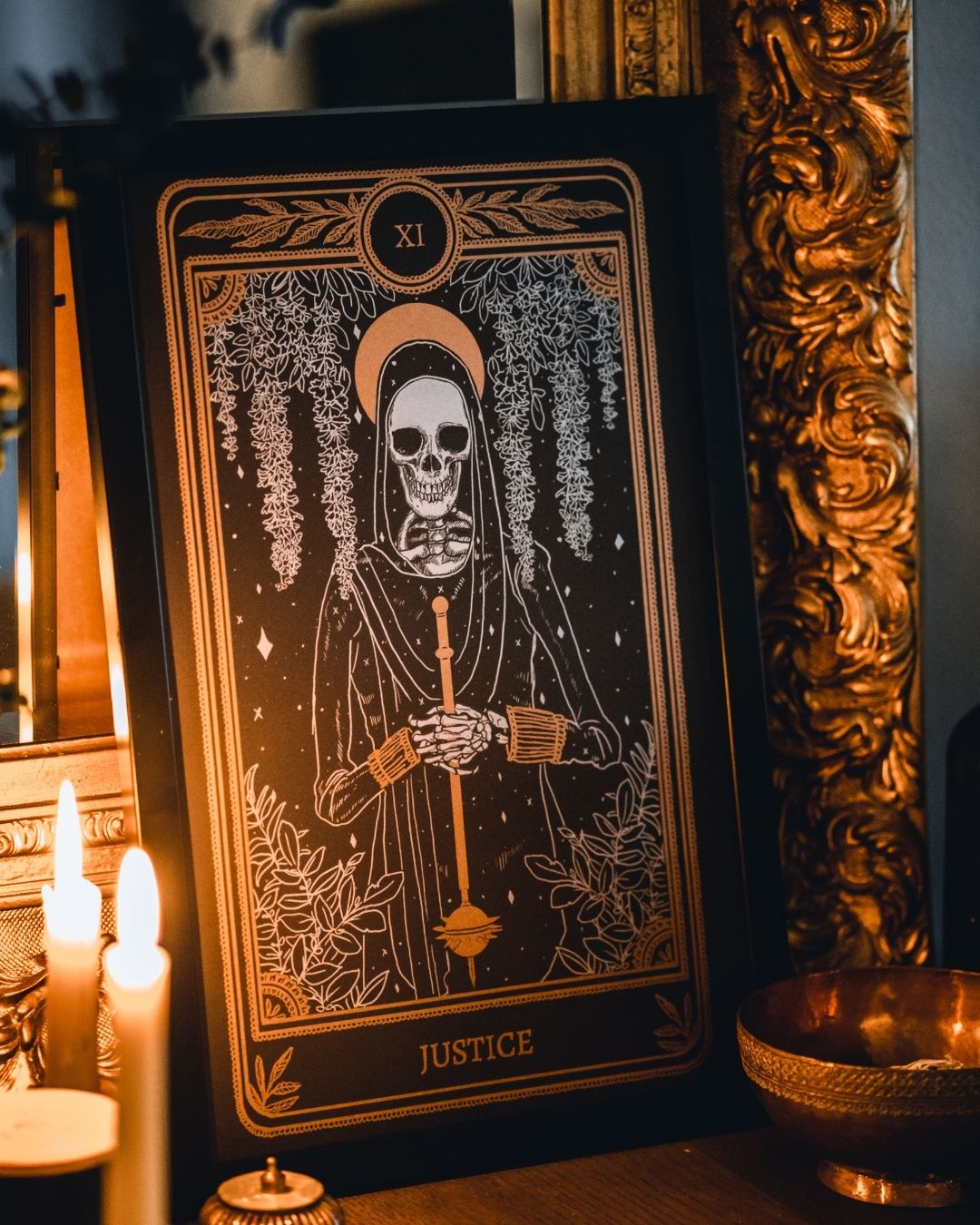 tarot art print with Justice card design from the Marigold Tarot deck by Amrit Brar and 13th Press. Black and gold ink.