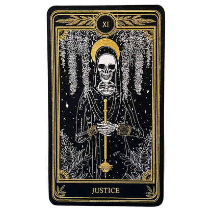 large embroidered iron-on back patch with justice tarot card design from the marigold tarot deck