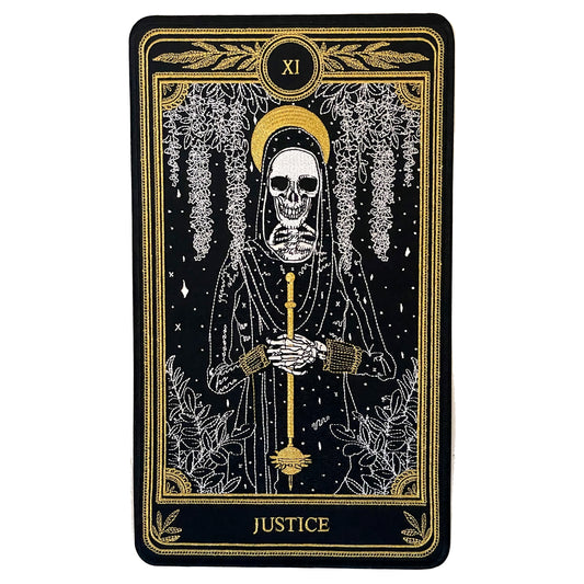 large embroidered iron-on back patch with justice tarot card design from the marigold tarot deck