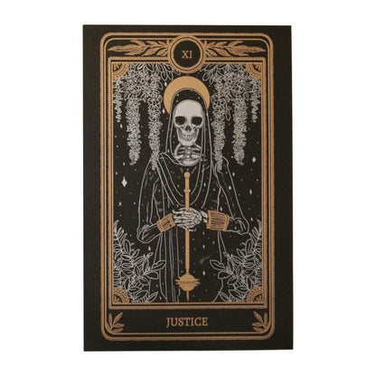 tarot art print with Justice card design from the Marigold Tarot deck by Amrit Brar and 13th Press. Black and gold ink.