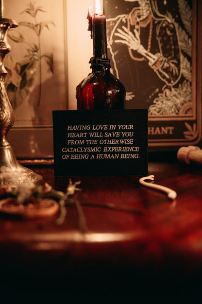 black and white embroidered iron-on patch designed by Amrit Brar and 13th Press. Text reads "having love in your heart will save you from the otherwise cataclysmic experience of being a human being"