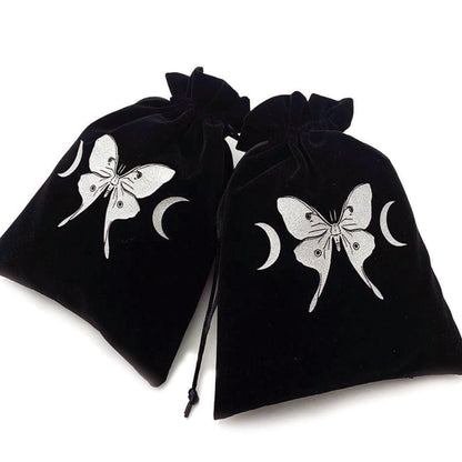 Velvet black tarot pouch with silver luna moth design