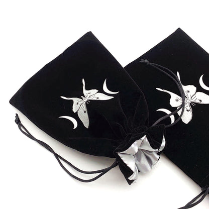 Velvet black tarot pouch with silver luna moth design