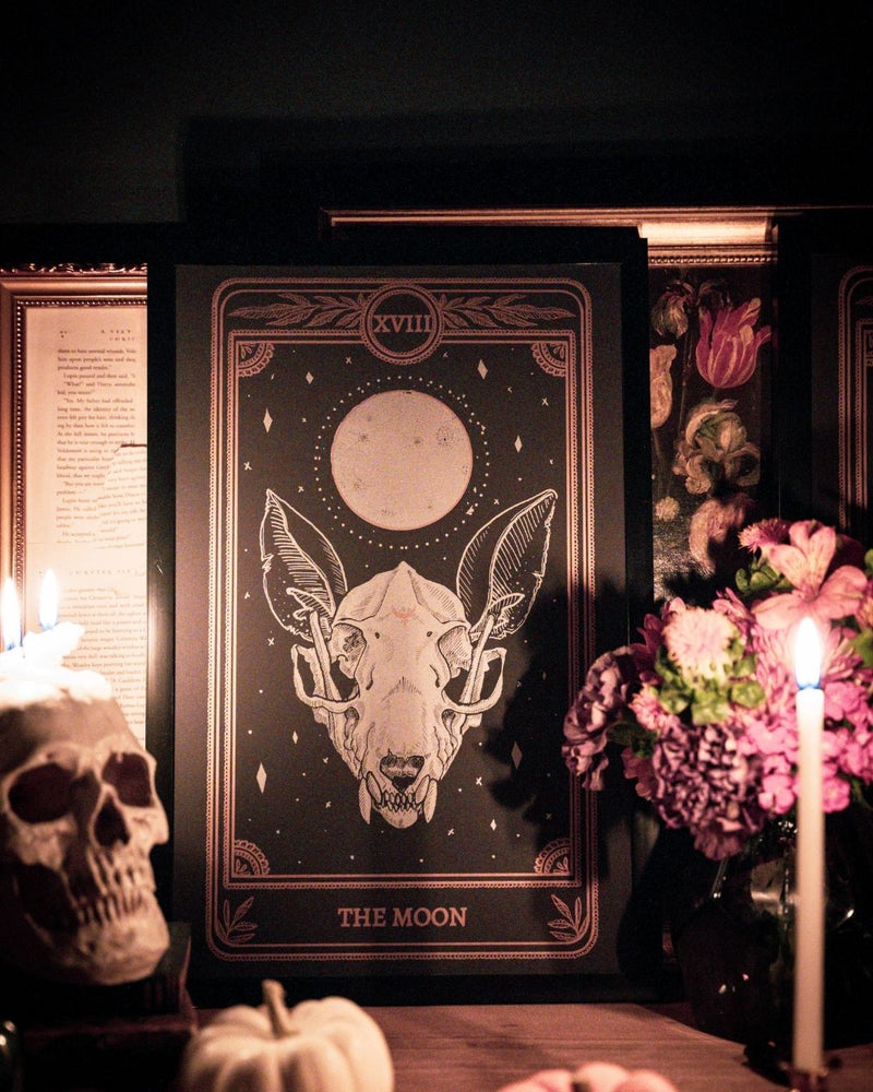 tarot art print of the Moon card from the Marigold Tarot deck by Amrit Brar and 13th Press. With skeleton and candle