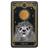 large embroidered patch of sun tarot card design from the Marigold Tarot deck by Amrit Brar and 13th Press. Skeleton of lion figure with sun and stars.