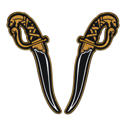 embroidered dagger gold and black thread iron-on patches designed by amrit brar and 13th press