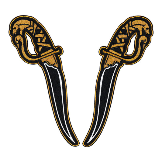 embroidered dagger gold and black thread iron-on patches designed by amrit brar and 13th press