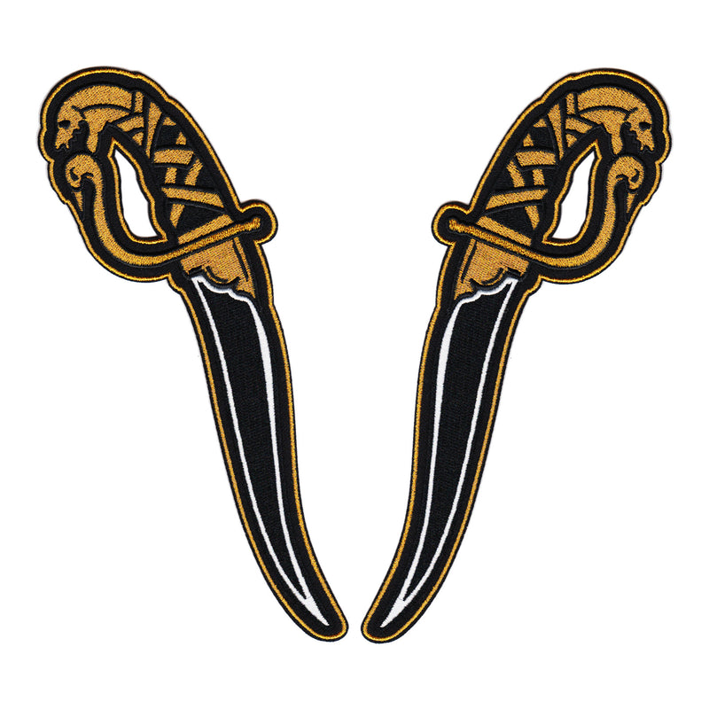 embroidered dagger gold and black thread iron-on patches designed by amrit brar and 13th press