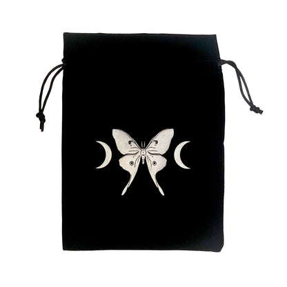 Velvet black tarot pouch with silver luna moth design