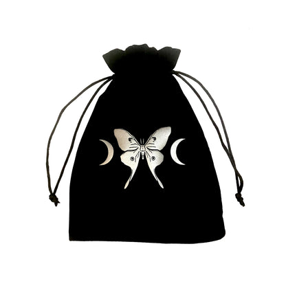 Velvet black tarot pouch with silver luna moth design