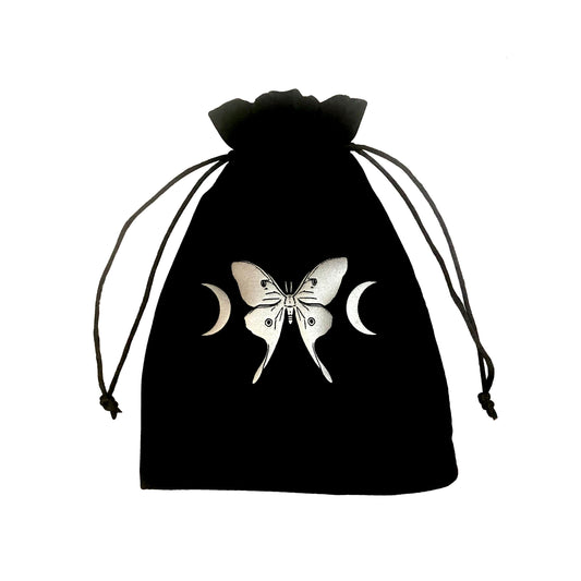 Velvet black tarot pouch with silver luna moth design