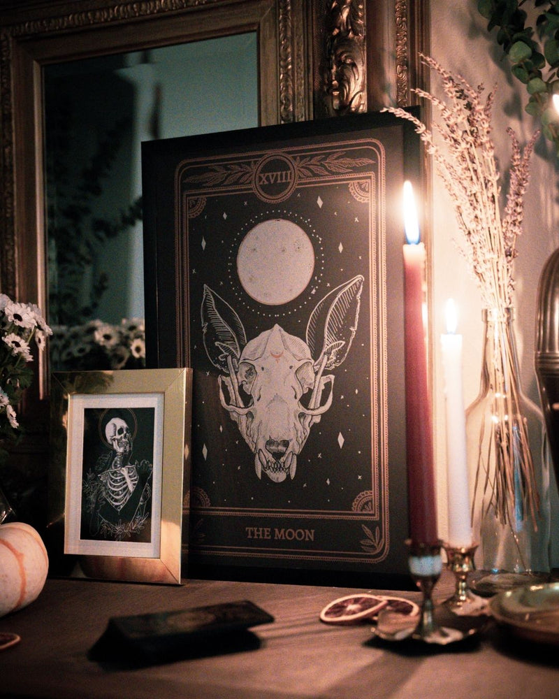 tarot art print of the Moon card from the Marigold Tarot deck by Amrit Brar and 13th Press. With skeleton and candle