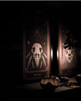 Tarot The Star print from the Marigold Tarot deck by Amrit Brar and 13th Press. With skull and candle decor on altar. Skeleton and pumkin. The Sun Print. Gold ink