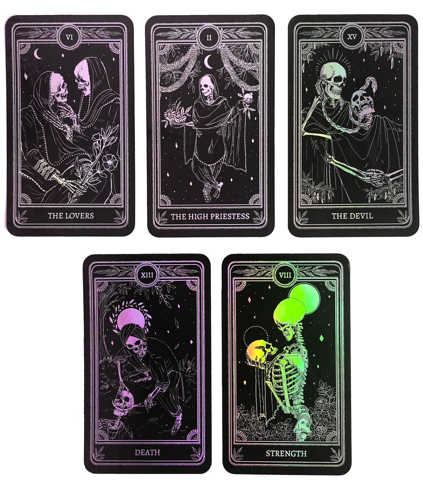 Sticker Pack, Marigold Tarot Holographic: Strength, The Devil, The Lovers, The High Priestess, Death