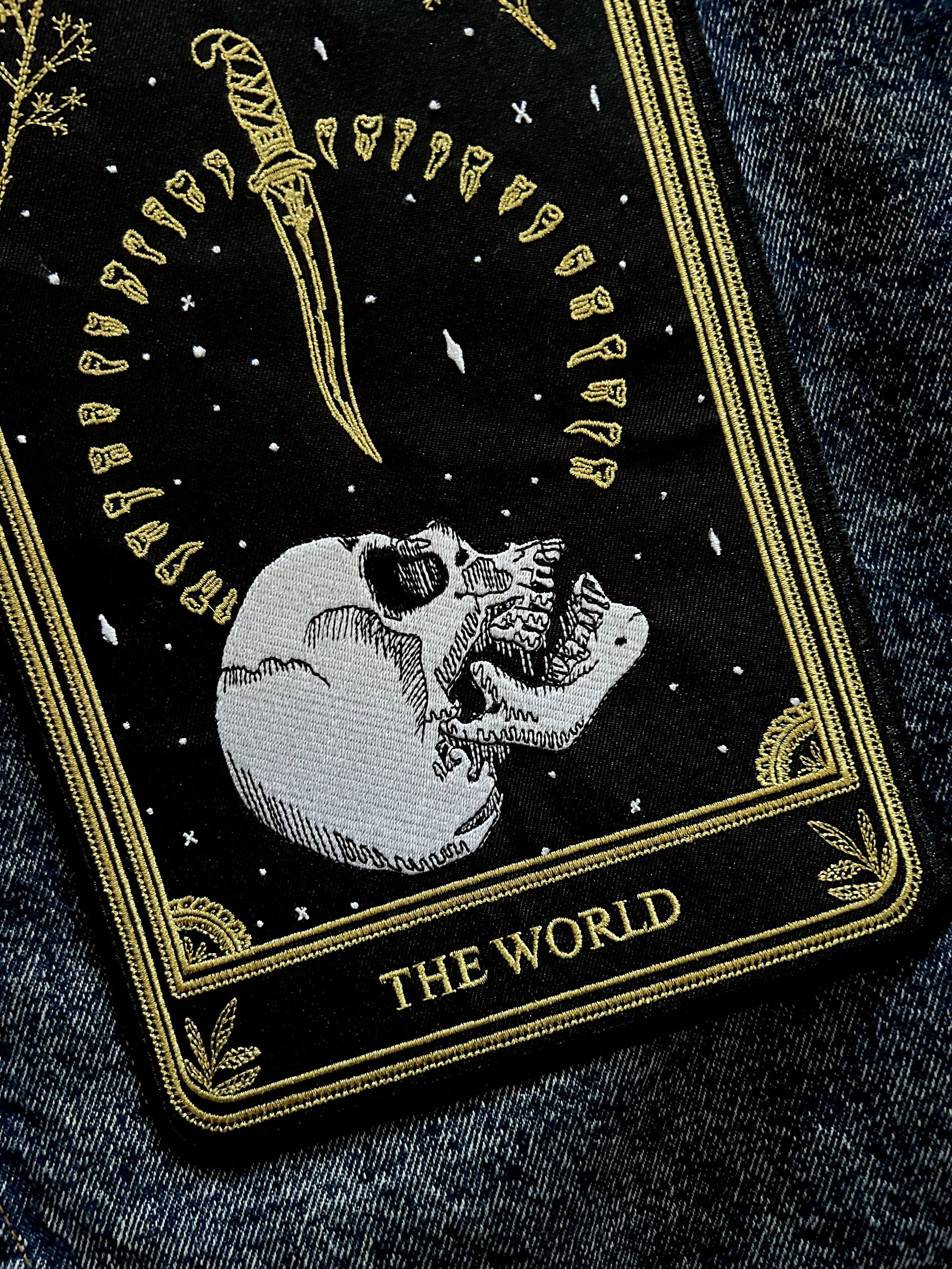 the world tarot card embroidered back patch on denim jacket iron-on