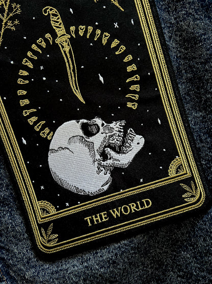 the world tarot card embroidered back patch on denim jacket iron-on