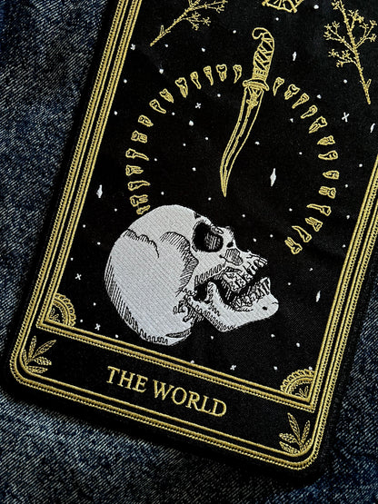 the world tarot card embroidered back patch on denim jacket iron-on