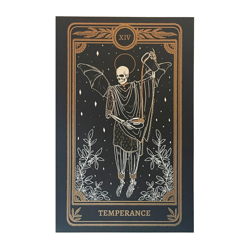 Tarot Temperance art print from the Marigold Tarot deck by Amrit Brar and 13th Press. Gold ink. Skeleton and candle. Features tarot journal