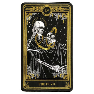 the devil tarot embroidered patch with black, gold, and white thread design from the Marigold Tarot deck by Amrit Brar and 13th Press