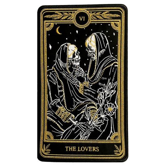 machine embroidered large iron-on back patch of the Lovers tarot card design from the Marigold Tarot deck by Amrit brar and 13th Press. Two skeleton figures embracing.