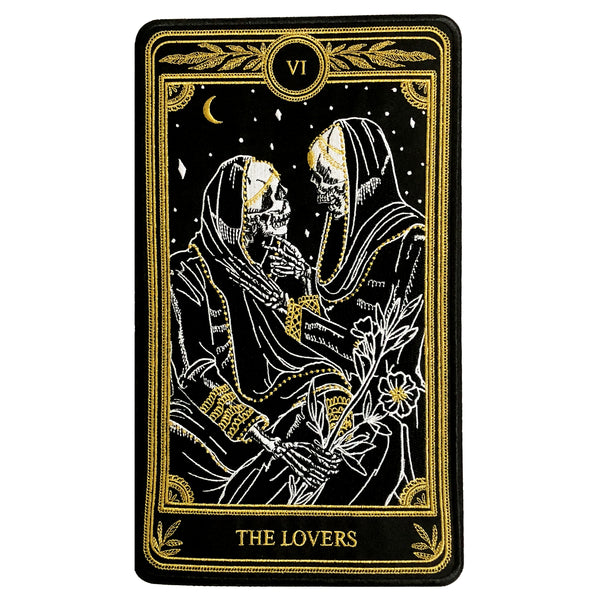 machine embroidered large iron-on back patch of the Lovers tarot card design from the Marigold Tarot deck by Amrit brar and 13th Press. Two skeleton figures embracing.