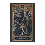 tarot print of the Fool card from the Marigold Tarot deck by Amrit Brar and 13th Press. White and gold ink on black paper. Home decor and wall art.