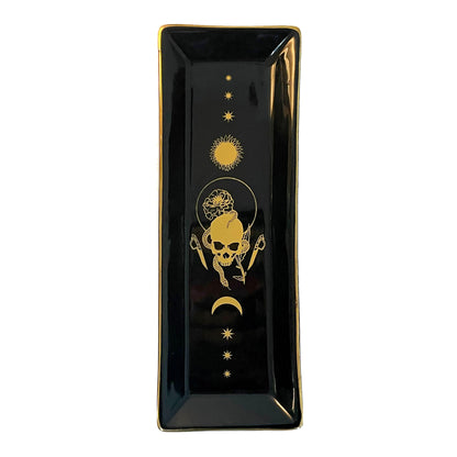 ceramic trinket tray with marigold tarot design in gold ink. Tray for small items