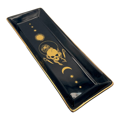 ceramic trinket tray with marigold tarot design in gold ink. Tray for small items