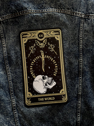 the world tarot card embroidered back patch on denim jacket iron-on