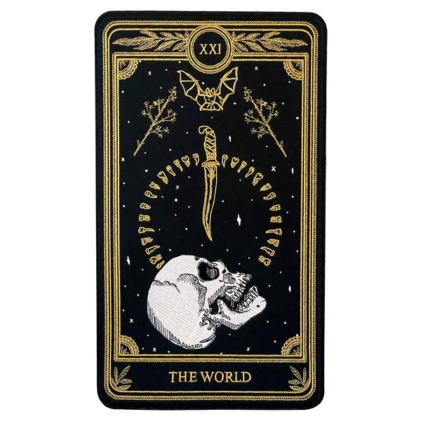 large embroidered back iron-on patch with skull and blade design of tarot card reads the world